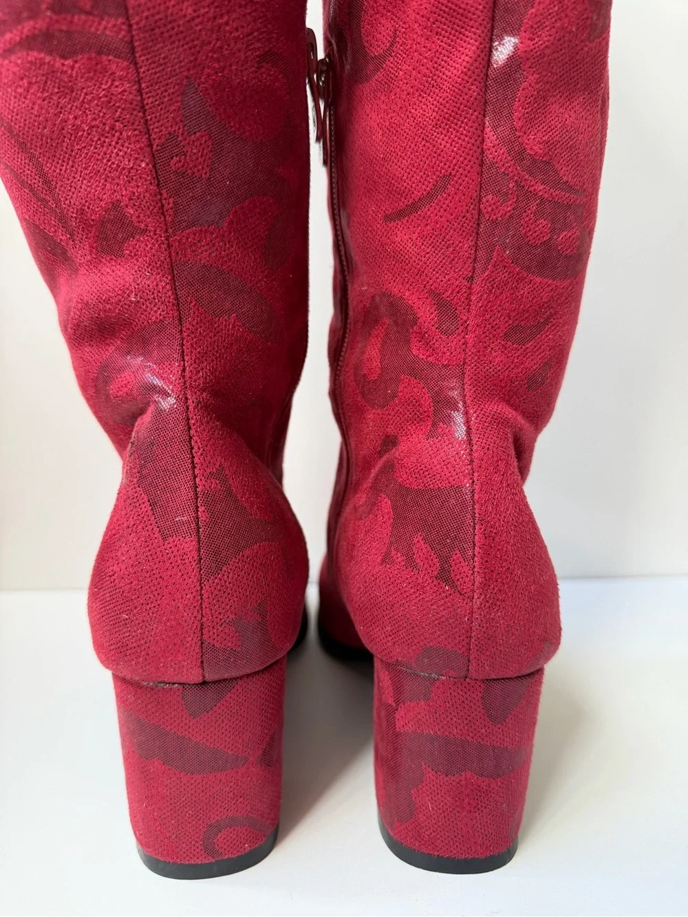 Women US 9 EU 39 Red Leather Knee High Riding Boots Floral Round Toe Zip